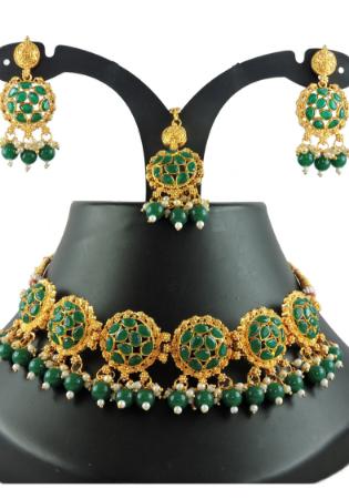 Picture of Radiant Georgette Dark Olive Green Necklace Set