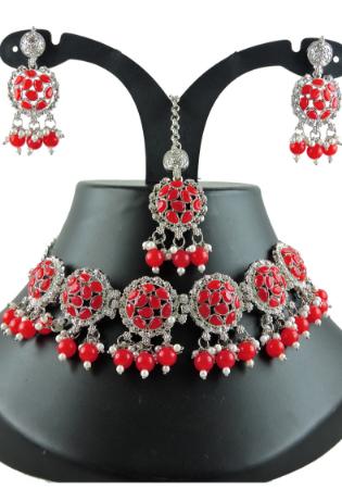 Picture of Beautiful Georgette Red Necklace Set