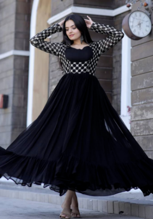 Picture of Well Formed Chiffon & Georgette Black Readymade Gown
