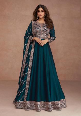 Picture of Ravishing Silk Teal Anarkali Salwar Kameez