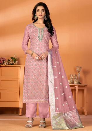 Picture of Well Formed Silk Rosy Brown Straight Cut Salwar Kameez
