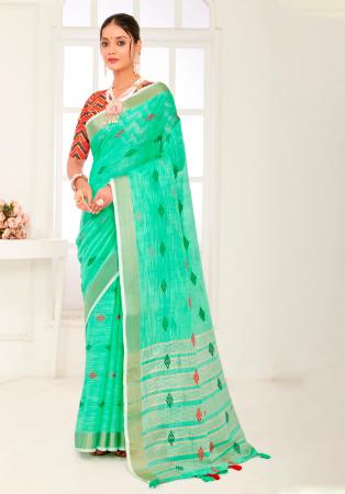 Picture of Comely Linen Turquoise Saree