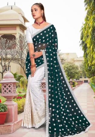 Picture of Lovely Georgette White & Dark Green Saree
