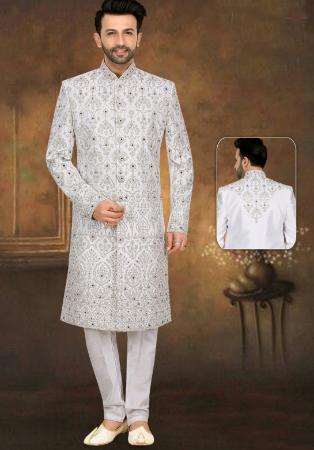 Picture of Well Formed Silk Off White Sherwani