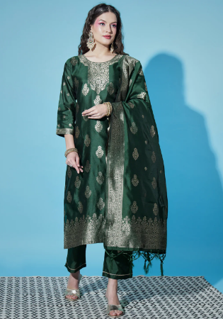 Picture of Cotton & Silk Dark Olive Green Readymade Salwar Kameez
