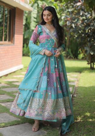 Picture of Stunning Silk Cadet Blue Readymade Gown