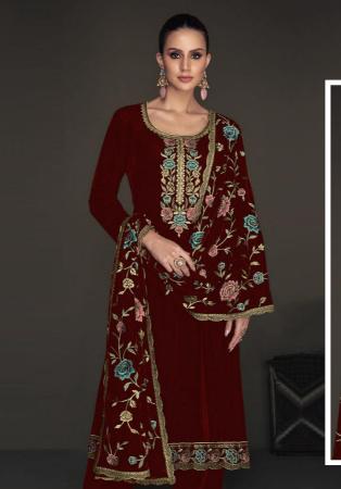 Picture of Comely Chiffon Maroon Straight Cut Salwar Kameez