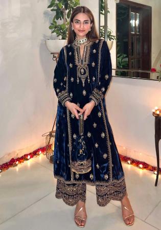 Picture of Synthetic Navy Blue Straight Cut Salwar Kameez