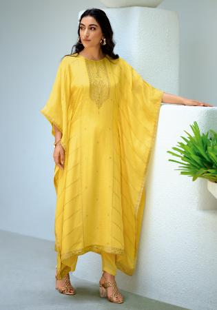 Picture of Excellent Silk Yellow Straight Cut Salwar Kameez