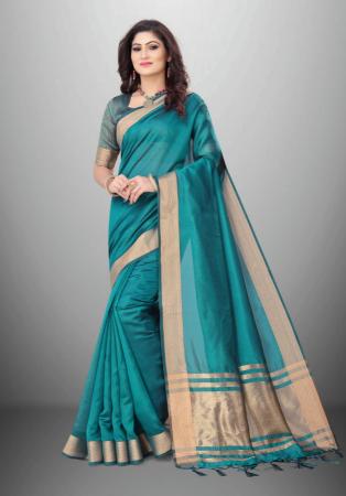 Picture of Exquisite Cotton & Organza Teal Saree