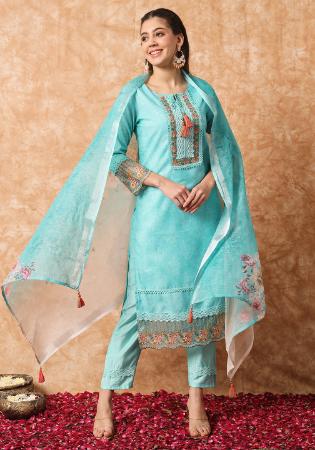 Picture of Cotton & Linen Medium Turquoise Readymade Salwar Kameez