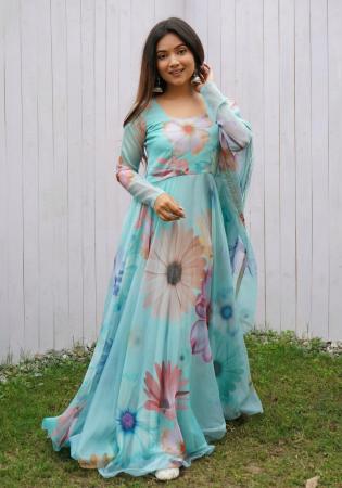 Picture of Superb Silk & Organza Cadet Blue Readymade Gown