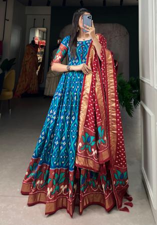 Picture of Gorgeous Silk Steel Blue Readymade Gown