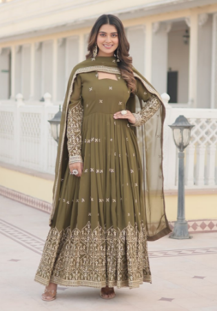 Picture of Elegant Georgette Dark Olive Green Readymade Gown