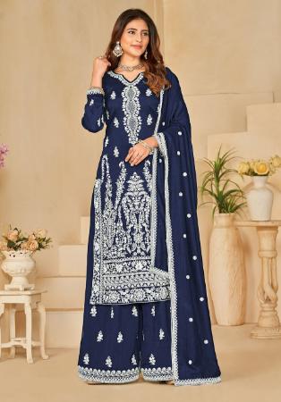 Picture of Sublime Chiffon Navy Blue Straight Cut Salwar Kameez