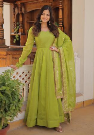 Picture of Wonderful Silk Yellow Green Readymade Gown