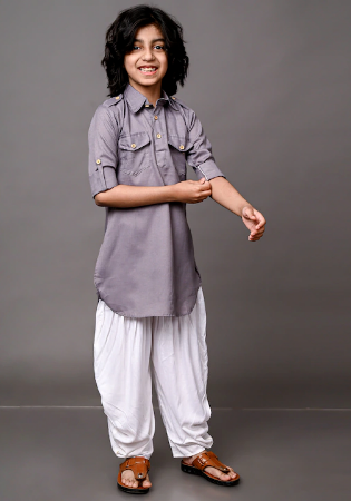 Picture of Stunning Silk Light Slate Grey Kids Kurta Pyjama