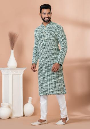 Picture of Well Formed Cotton & Georgette Dark Sea Green Kurtas