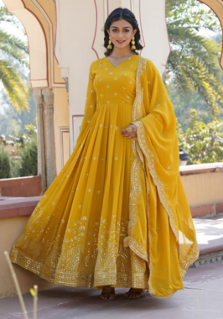 Picture of Excellent Georgette Dark Golden Rod Readymade Gown