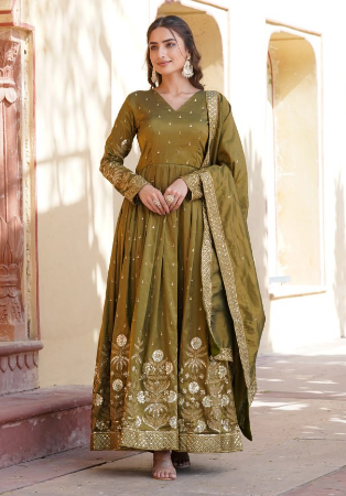 Picture of Pretty Chiffon Dark Olive Green Readymade Gown